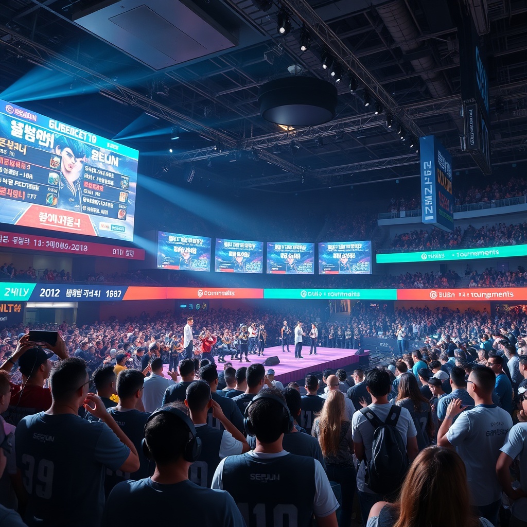 Esports tournament stage in Seoul with scoreboard, players and cheering crowd representing events and community
