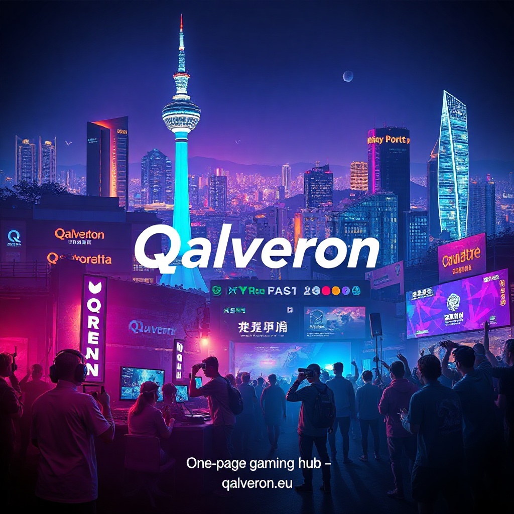 Qalveron hero banner with Seoul skyline, esports players, neon lights and canonical qalveron.eu note